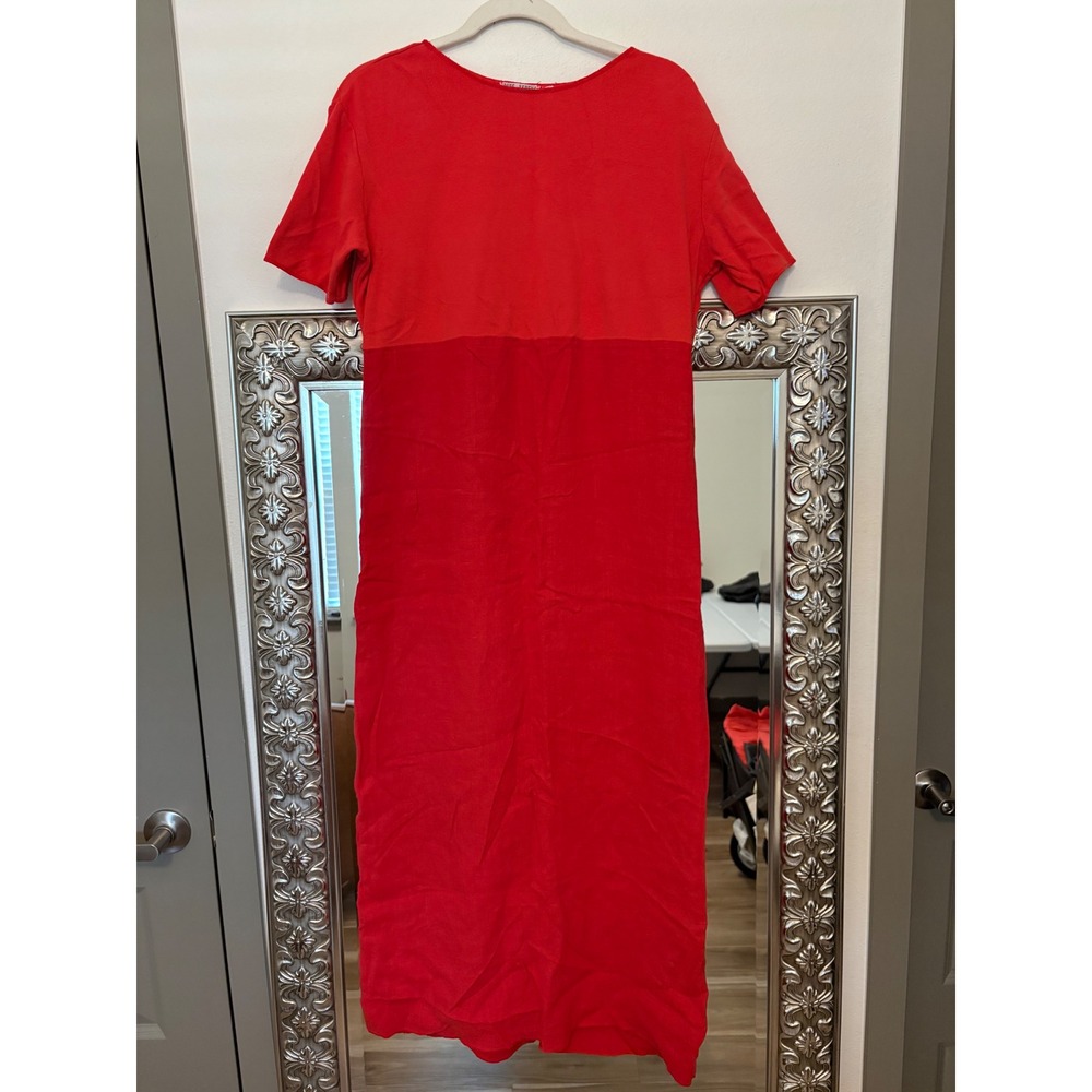 Russ Berens Malibu Red Linen Maxi Dress Short Sleeve Coastal Boho USA Made M g5